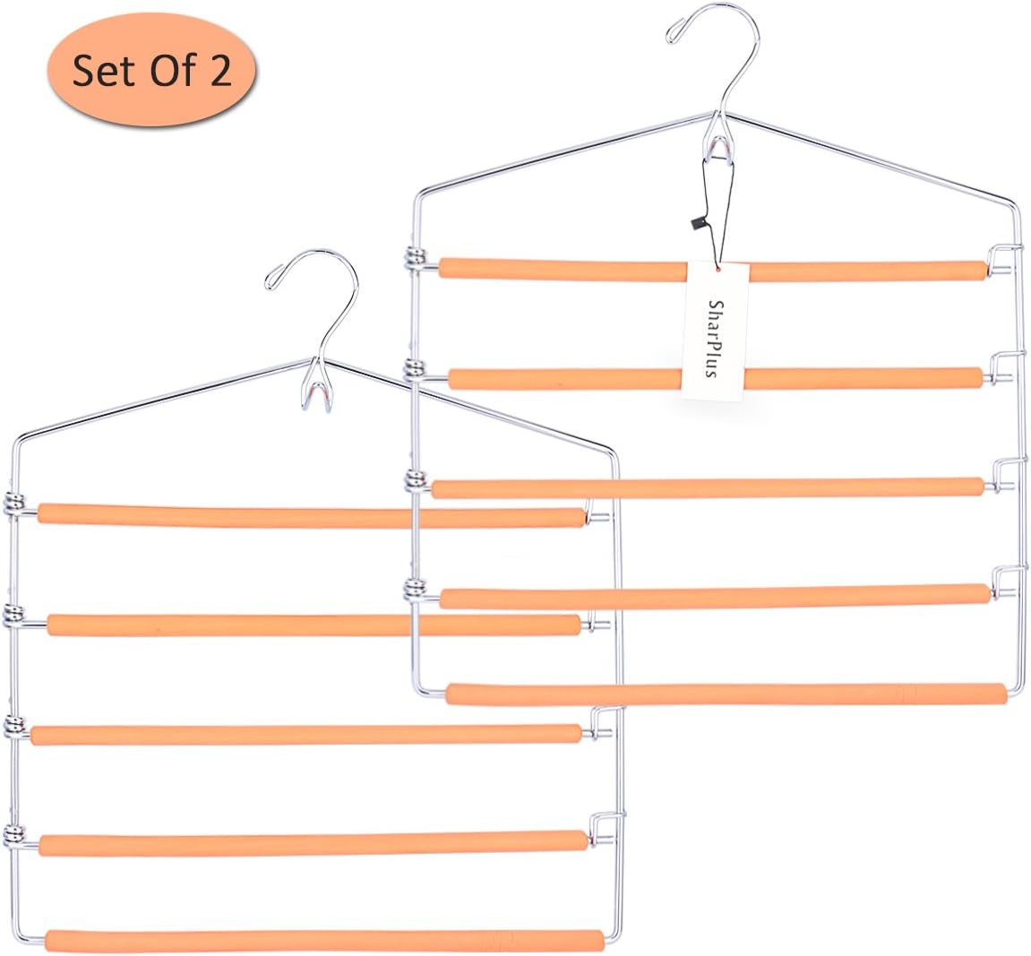 SharPlus Foam Padded Pants Slacks Trousers Hangers Closet Storage Space Saver, 4 Tier Swing Arms Jeans Hangers With Belt Hook, Chrome Finish, Set of 2, Orange