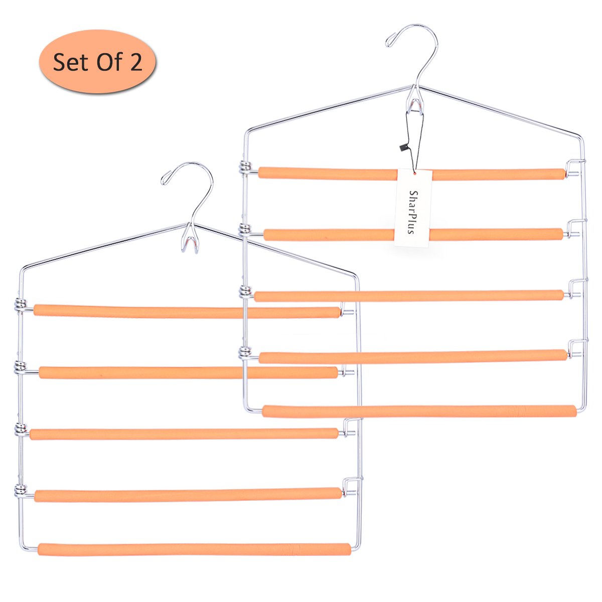 SharPlus Foam Padded Pants Slacks Trousers Hangers Closet Storage Space Saver, 4 Tier Swing Arms Jeans Hangers With Belt Hook, Chrome Finish, Set of 2, Orange