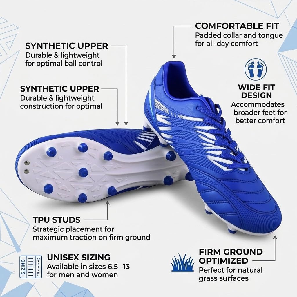 Vizari Valencia Firm Ground Soccer Cleats for Men & Women – Adult Football Shoes with Wide Fit, TPU Studs, Comfortable Design, Size 6.5 to 13 (Unisex)