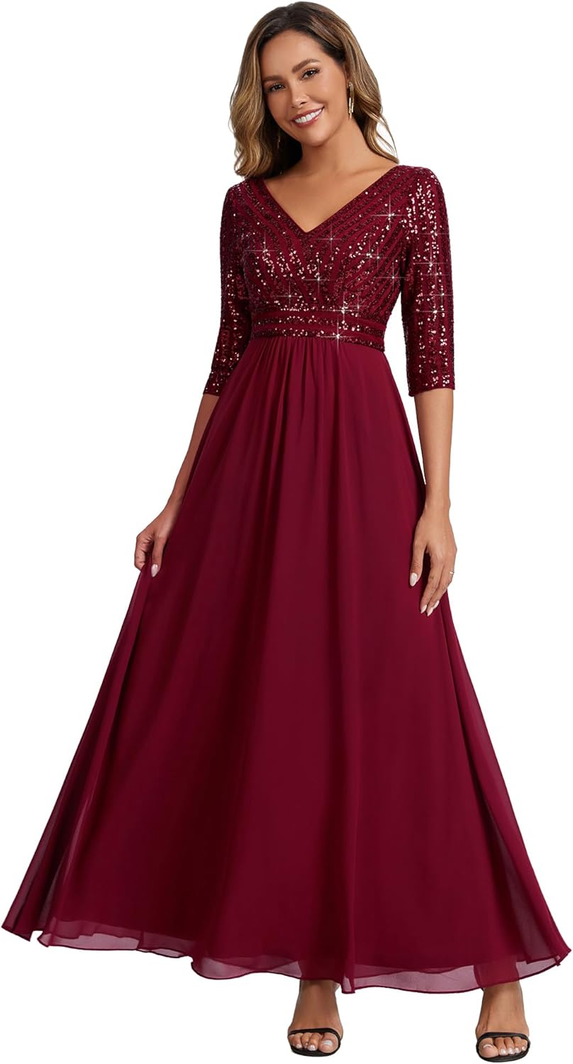Ever-Pretty Women's Sequin Formal Evening Dress V-Neck Half Sleeves Floor Length A-Line Mother of The Bride Dresses 00756