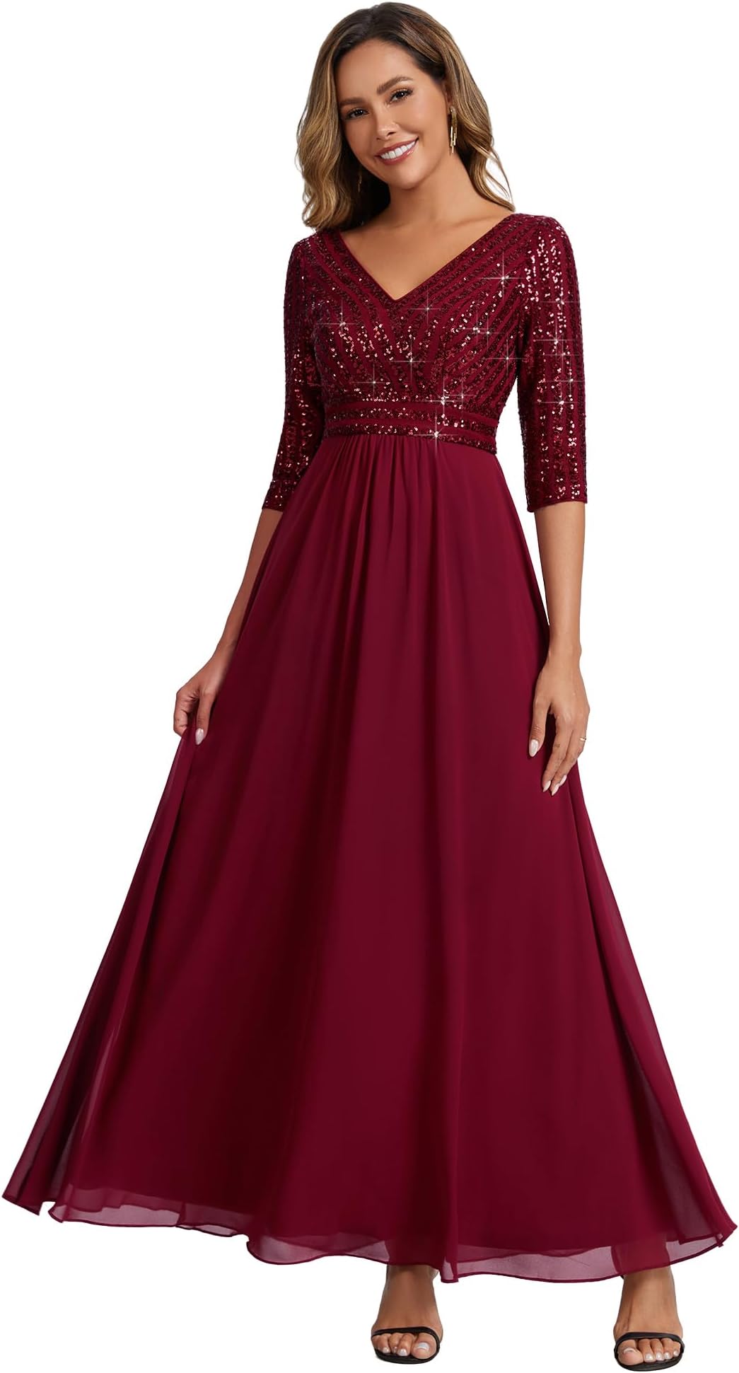 Women's Sequin Formal Evening Dress V-Neck Half Sleeves Floor Length A-Line Mother of The Bride Dresses 00756