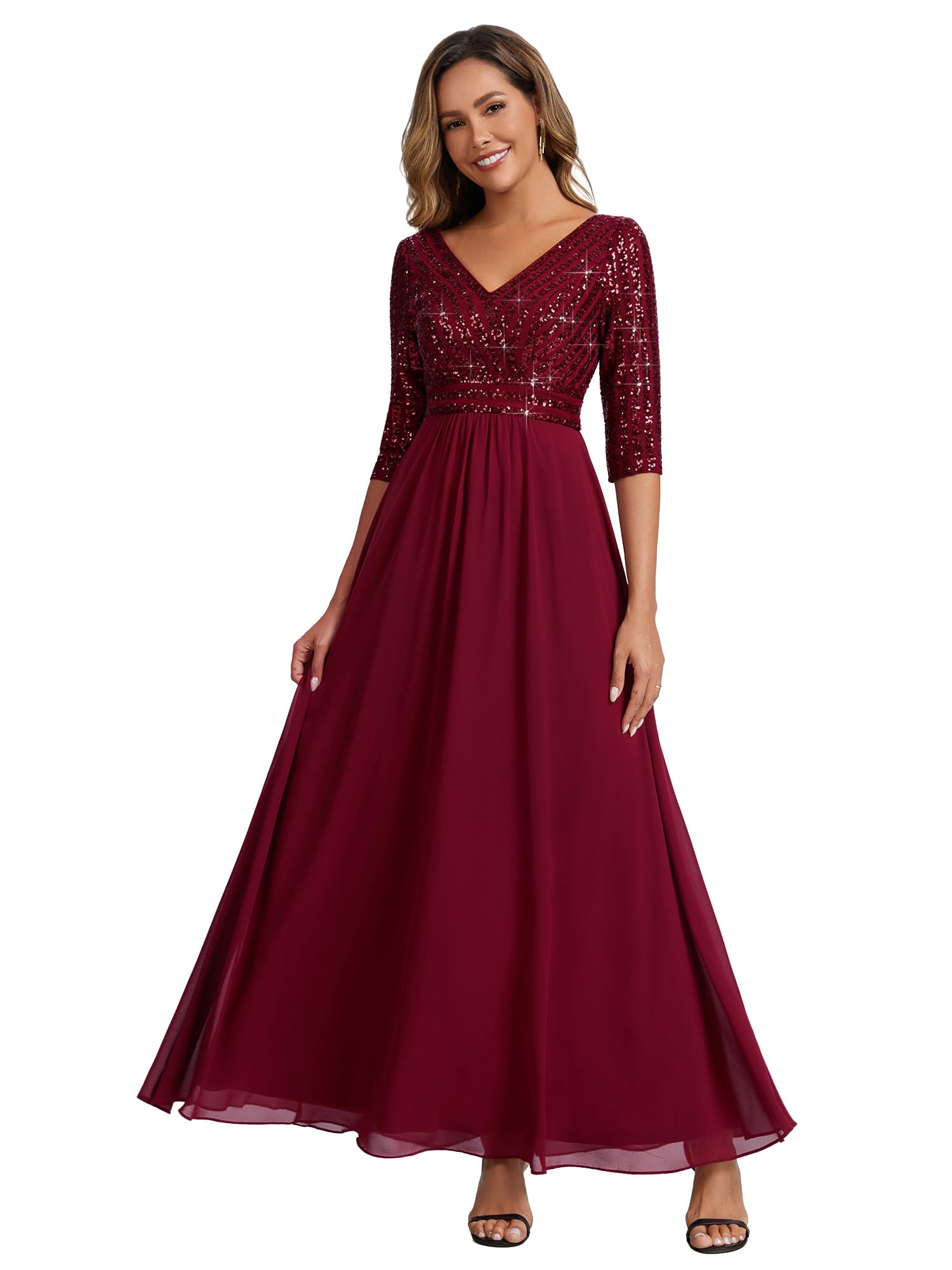 Women's Sequin Formal Evening Dress V-Neck Half Sleeves Floor Length A-Line Mother of The Bride Dresses 00756