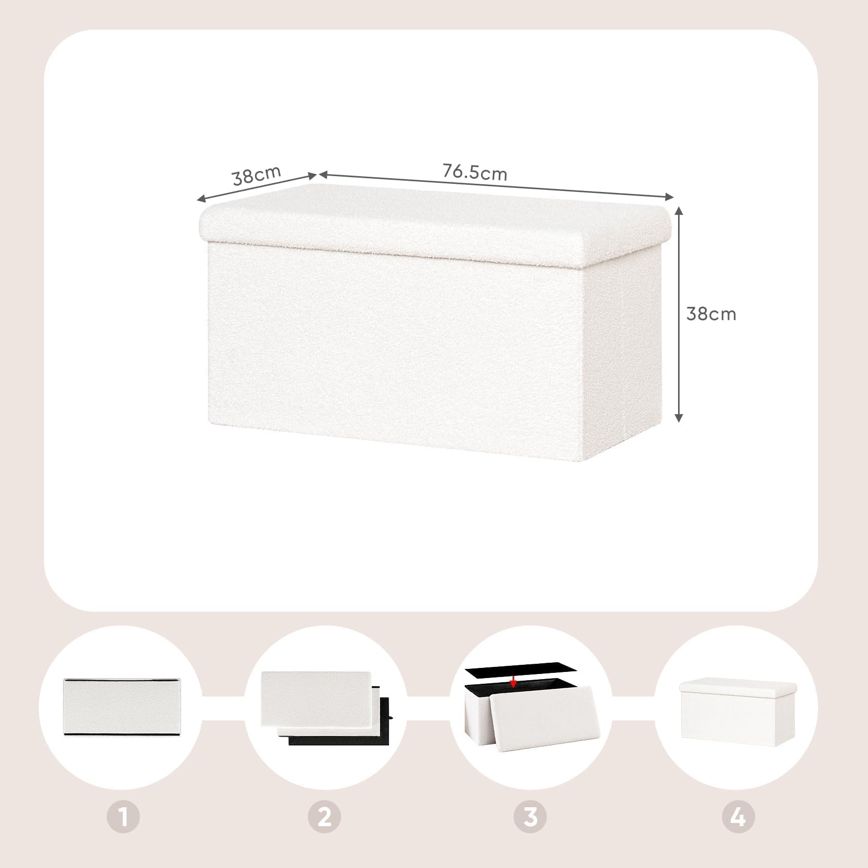 PINPLUS Faltbare Bouclé Sitzbank mit Stauraum – gepolsterte Aufbewahrungsbank als Sitztruhe & Fußhocker für Wohnzimmer, Schlafzimmer, Flur, 76,5x38x38 cm, Weiß