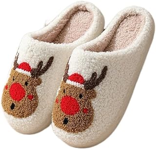 Snugeasy Christmas Slippers Reindeer for Womens Mens Soft Plush Comfy Warm Fuzzy Slippers Red Moose Santa Claus Indoor Outdoor Slip On House Slippers Christmas Gifts