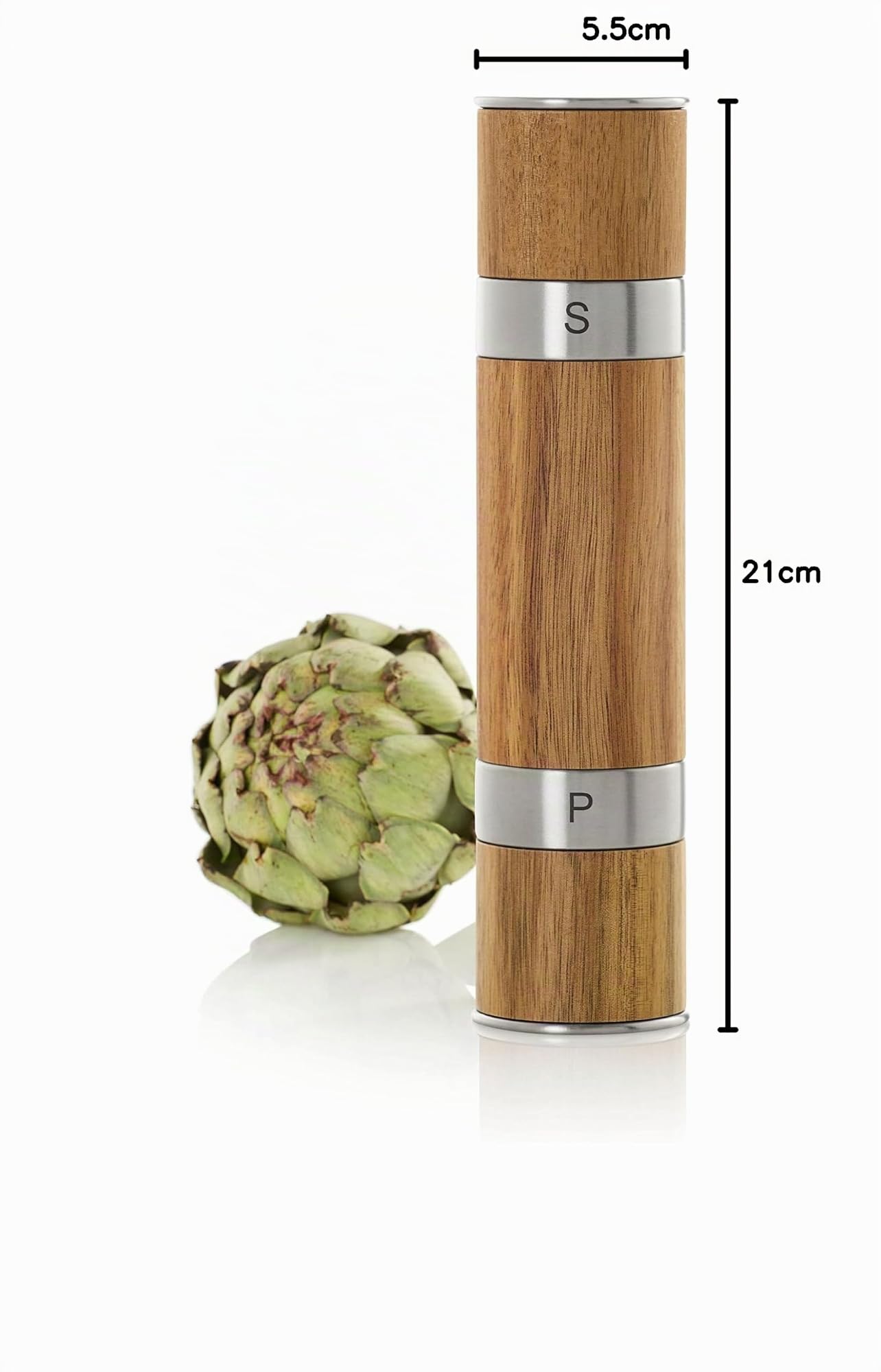 AdHoc Duomill Moulin à sel et poivre 2-en-1 en bois d’acacia | Deux broyeurs céramique réglables de fin à gros, capuchons protecteurs d’arômes, inox et bois haut de gamme