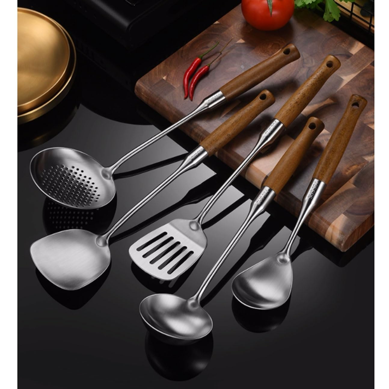 Kochutensilien aus Edelstahl, Kochlöffel, Spatel, Küchen-Kochgeschirr, Backgeschirr, Gadgets, Werkzeuge, 5-teiliges Set
