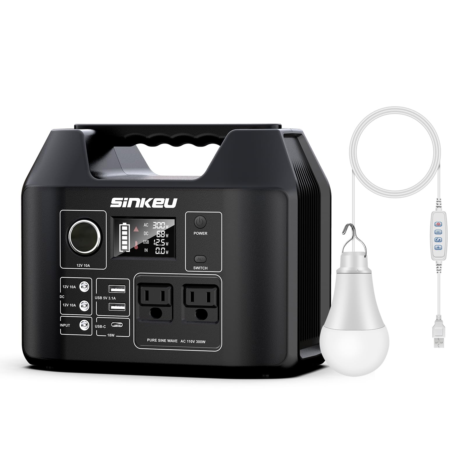 SinKeu Portable Power Station 300W with 5W USB LED Light Bulb LiFePO4 Battery Solar Generator for Home Use