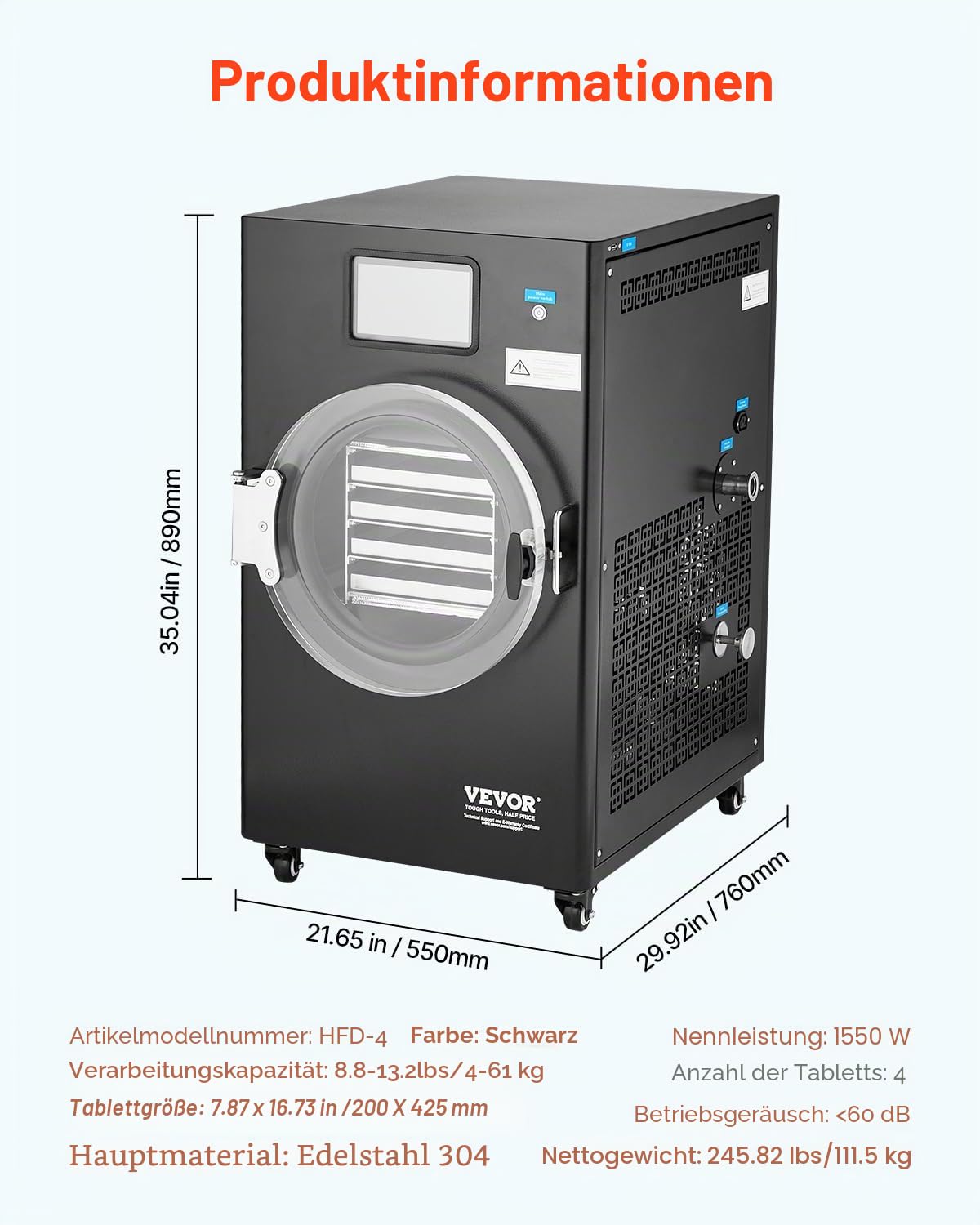 VEVOR Gefriertrockner Gefriertrocknungsmaschine Trocknungsausrüstung (4–6 kg Kapazität) für Lebensmittel mit 4-lagigen Tabletts & einstellbarer Temperatur und Zeit, für Früchte Obst Schwarz