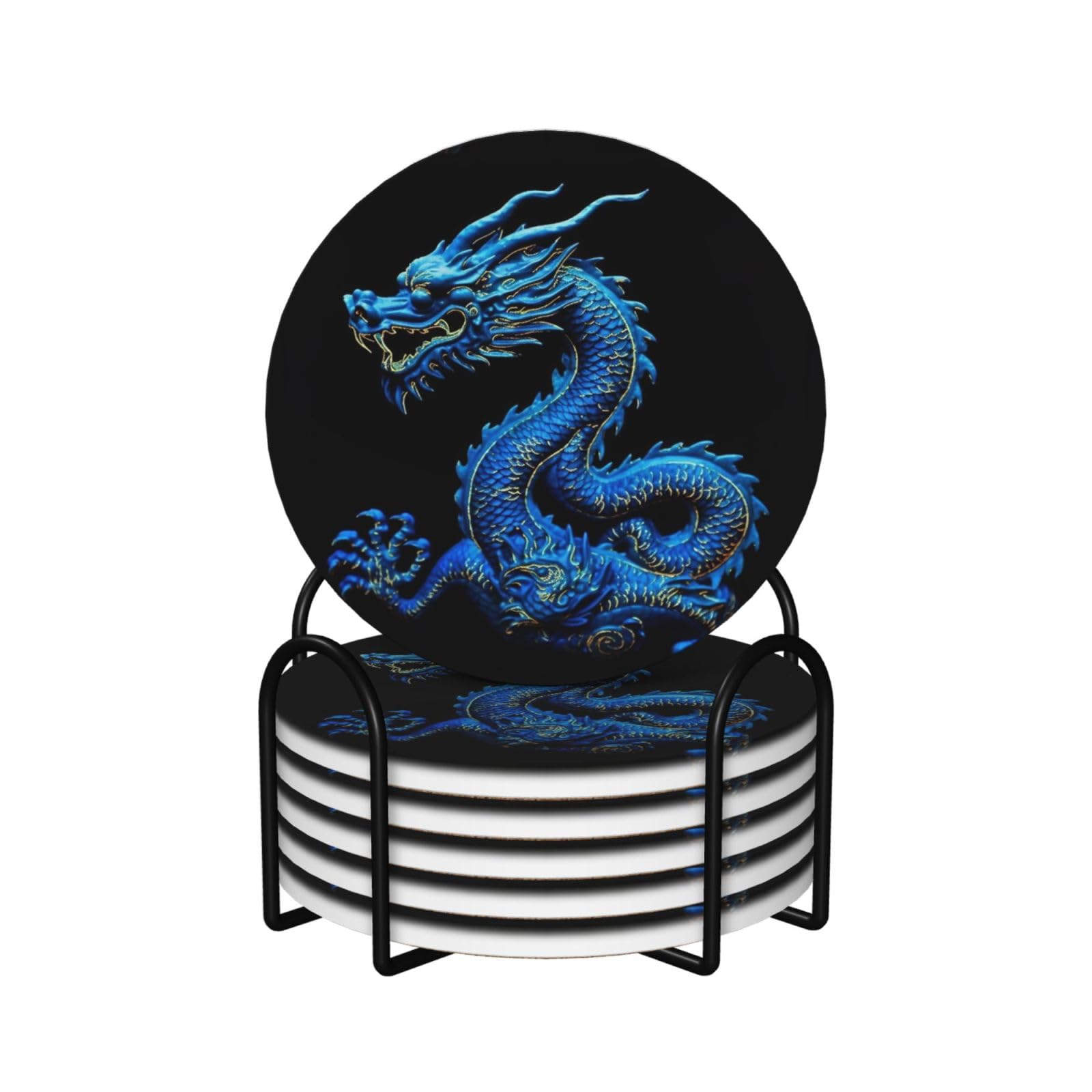 6Pcs Ceramics Coaster for Drinks, Blue Chinese Dragon Cup Coasters with Holder, Aesthetic Drink Coasters for Coffee Table, Absorbent Round Coaster for Tabletop Protection 4" Cup Mat Pad