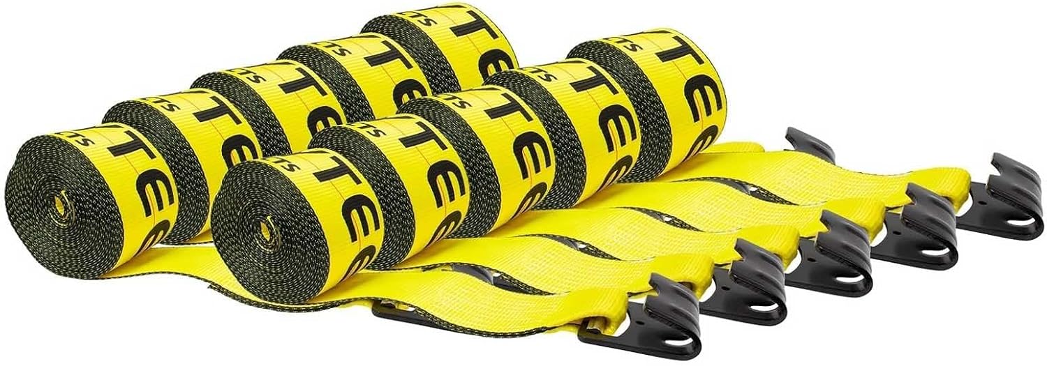 Mytee Products (10 Pack) Winch Straps 4" x 30' Yellow Heavy Duty Tie Down w/Flat Hooks WLL# 5400 lbs | 4 Inch Cargo Control for Flatbed Truck Utility Trailer