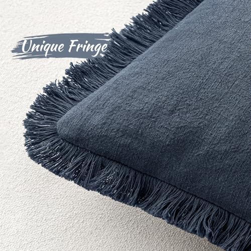 Image of MIULEE Decorative Throw Pillow Covers Neutral Linen Fringe Throw Pillows Set of 2 Indigo Blue Boho Farmhouse Cushion Covers Coastal Decor for Couch Sofa Bed Living Room Spring Decor 24x24 Inch