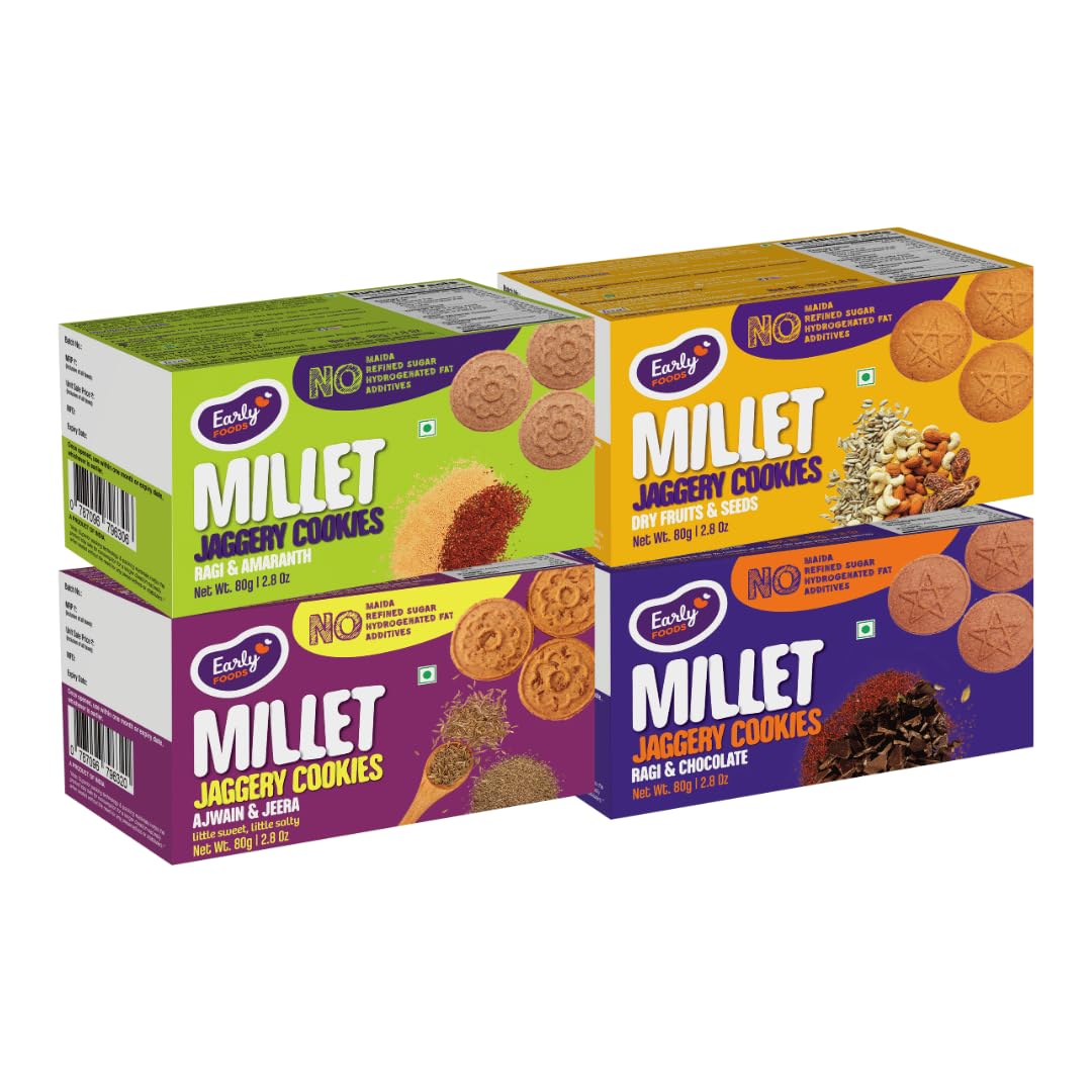 Early Foods Assorted Pack of 4 - Ragi, Dry Fruit, Millet & Choco Jaggery Cookies, 4 X 130 g | Millet Biscuits | SUGAR FREE & Gluten Free Biscuits