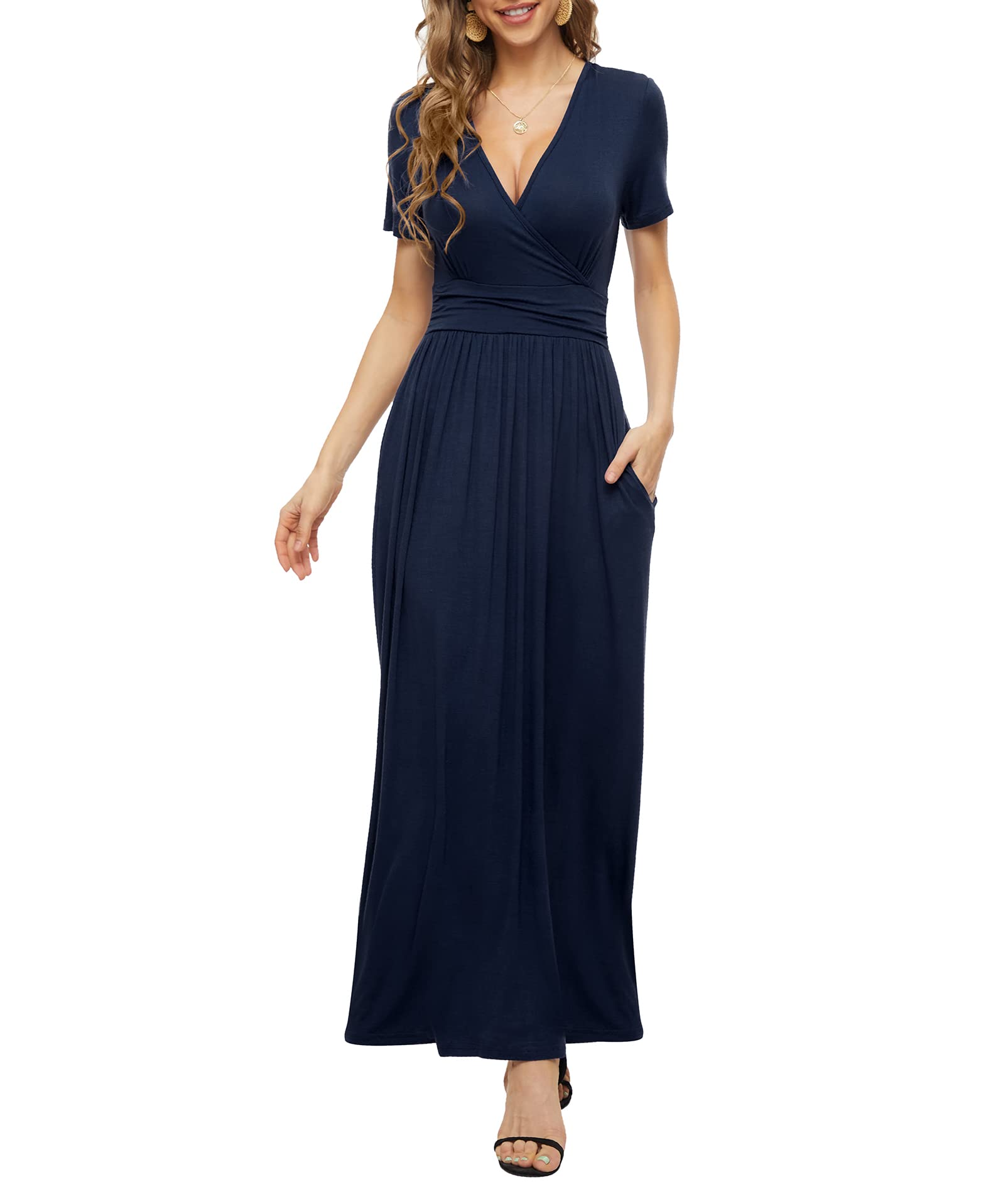 Womens Summer Short Sleeves Dress Wrap Waist Maxi Dresses Pockets