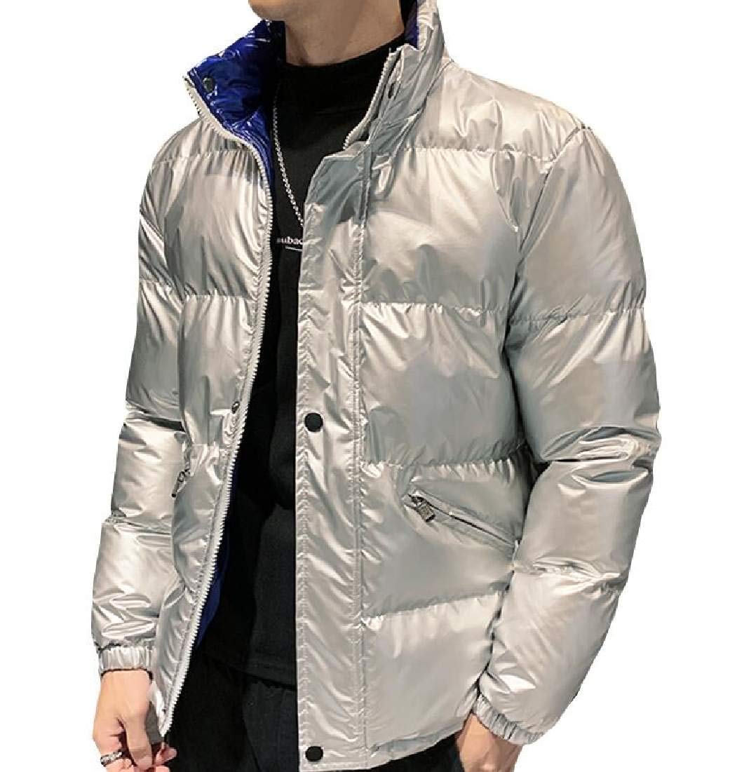 Winter Quilted Padded Stand Collar Metallic Outwear Puffer Down Jacket Silver US M