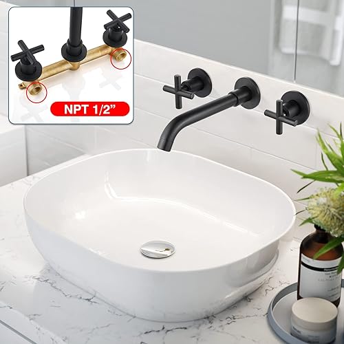 Miniatura 4 de Midanya Grifo de lavabo de baño montado en la pared, doble manija de 3 agujeros, grifo mezclador de lavabo con válvula áspera en doble cruz grifos,