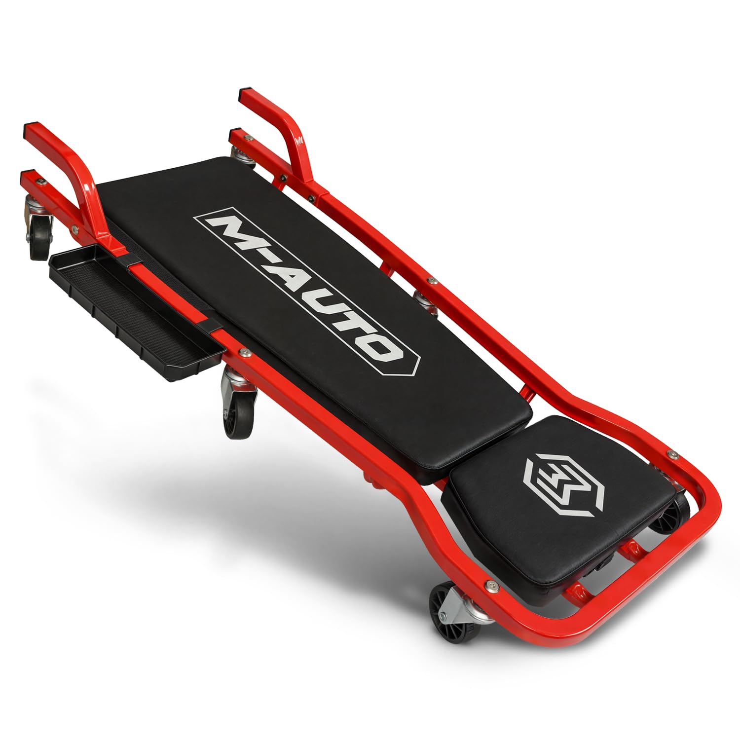M-AUTO Wytrzymałe pnącze samochodowe z 3-stopniowym regulowanym zagłówkiem, wyściełana metalowa rama 108 cm z tacą na narzędzia do garażu, 6 bezgłośnych kółek, nośność 136 kg, czerwony