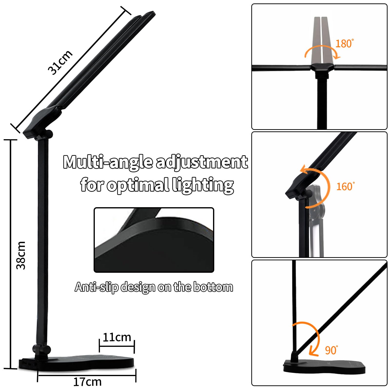 LQWELL® Lampe de bureau LED à intensité variable à double extrémité, 5 couleurs et 10 luminosité, lampe de lecture sans danger pour les yeux, commande tactile et fonction mémoire, minuterie