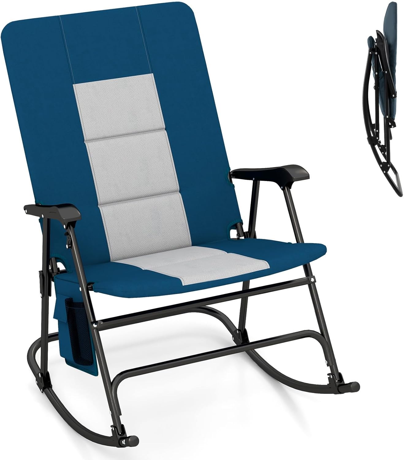 COSTWAY Oversized Folding Rocking Camping Chair, Padded Portable Outdoor Rocker with Side Pocket and Hard Armrests for Patio, Lawn, Backyard, Supports up to 500 lbs, Red