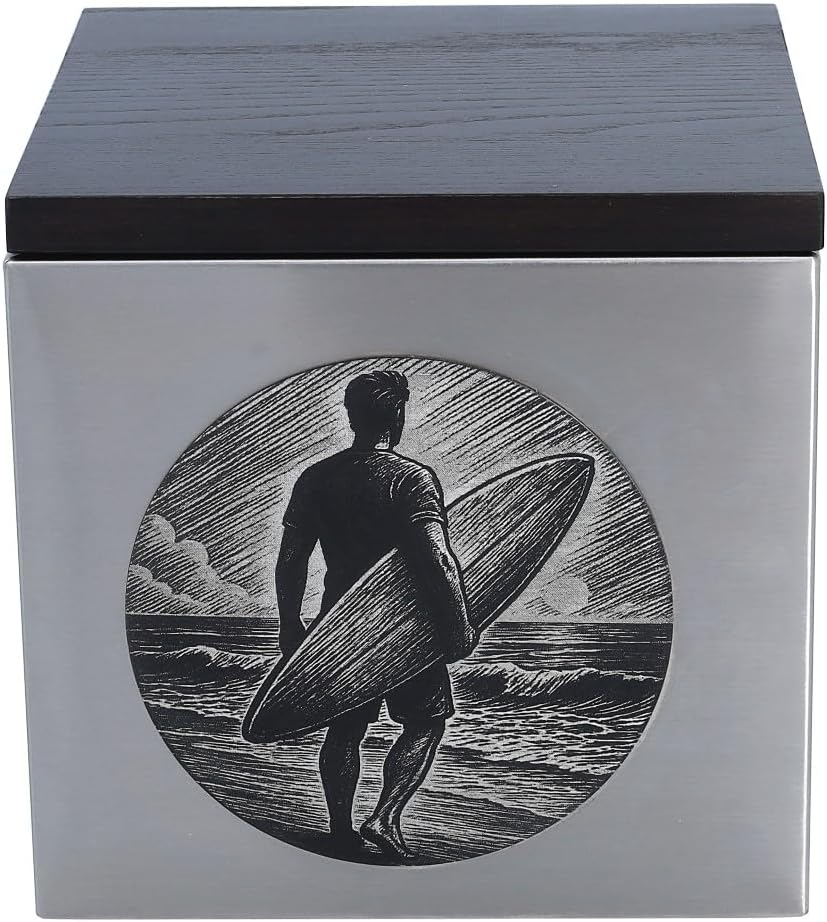 Adult Size Surfer Memorial Urn – Stainless Steel with Wood Lid, Engraved Surfer at Shore, Top-Opening, Optional Custom Name Plaque (Plaque/No)