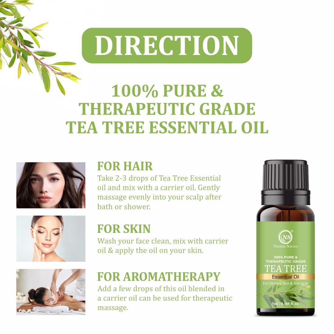 Nuerma Science Rosemary & Tea Tree Essential Oil Regimefor Hair Growth, Hair Fall Control and Nourishment, Skin Care| 100% Pure, Naural, Organic Certified & Undiluted | Pack of 2x5ml Nuerma Science Rosemary & Tea Tree Essential Oil Regimefor Hair Growth, Hair Fall Control and Nourishment, Skin Care| 100% Pure, Naural, Organic Certified & Undiluted | Pack of 2x5ml