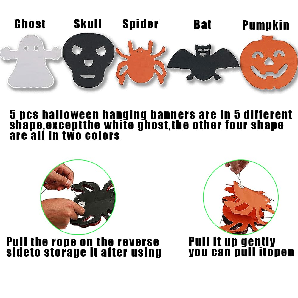 5 Guirlandes Papier Halloween à Suspendre - Motifs Araignée, Citrouille, Chauve-souris, Fantôme, Squelette - 300 Cm - 11