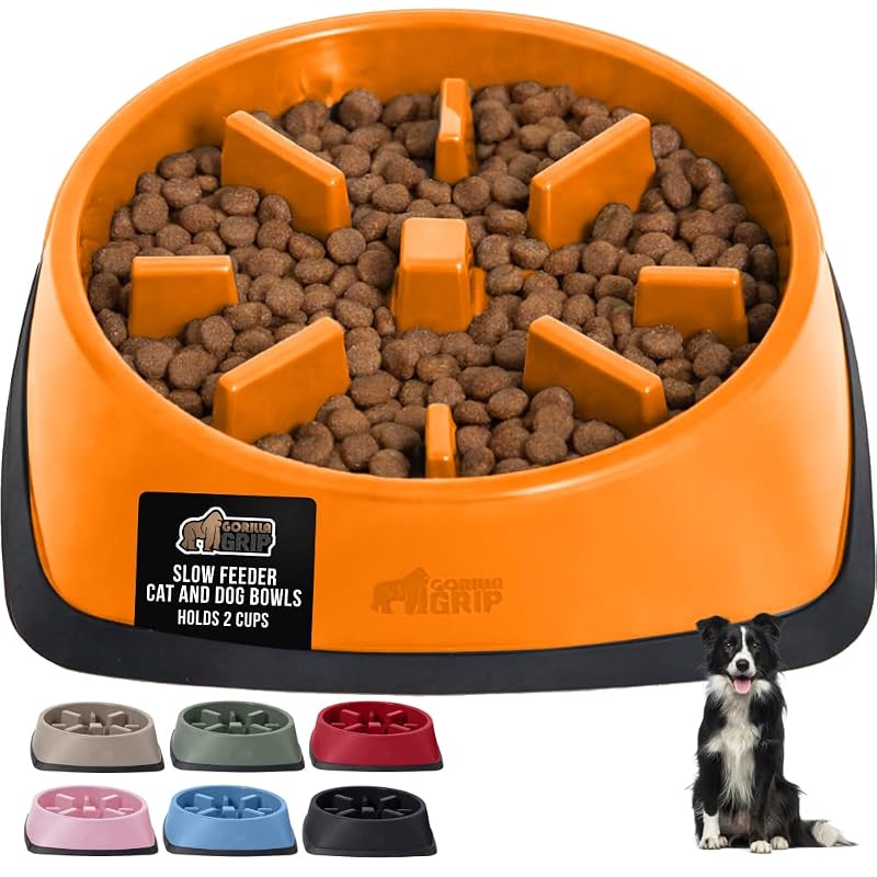 Comedouro Lento para Cães e Gatos GORILLA GRIP com Labirinto e Base de Borracha, Laranja, 2 Xícaras, Pacote com 4
