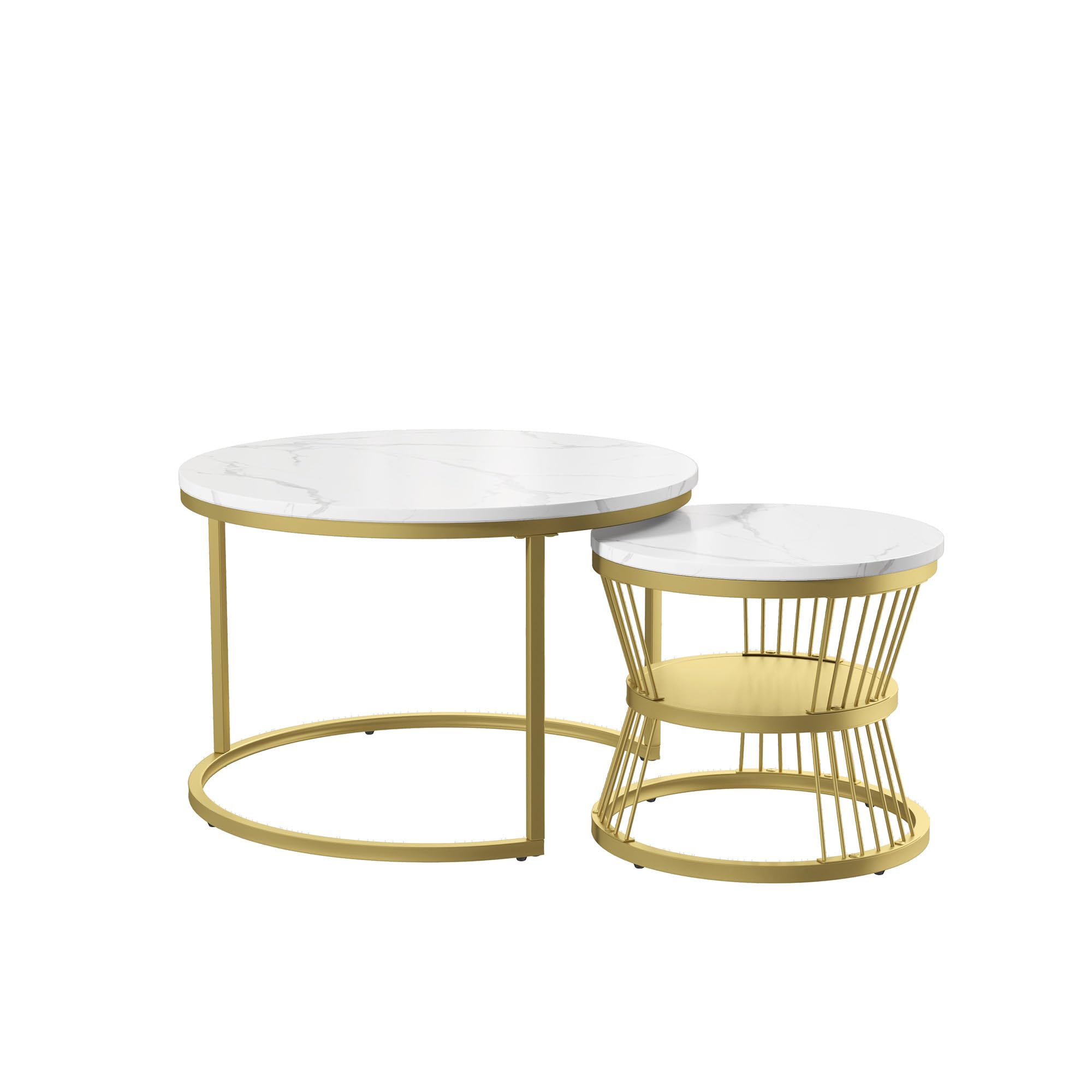Juego de 2 mesas bajas redondas, conjunto moderno de mesa gigogne de diseño de mármol, con espacio de almacenamiento, marco de metal, para sofá, sala de estar, dormitorio (dorado A, 70 x 70