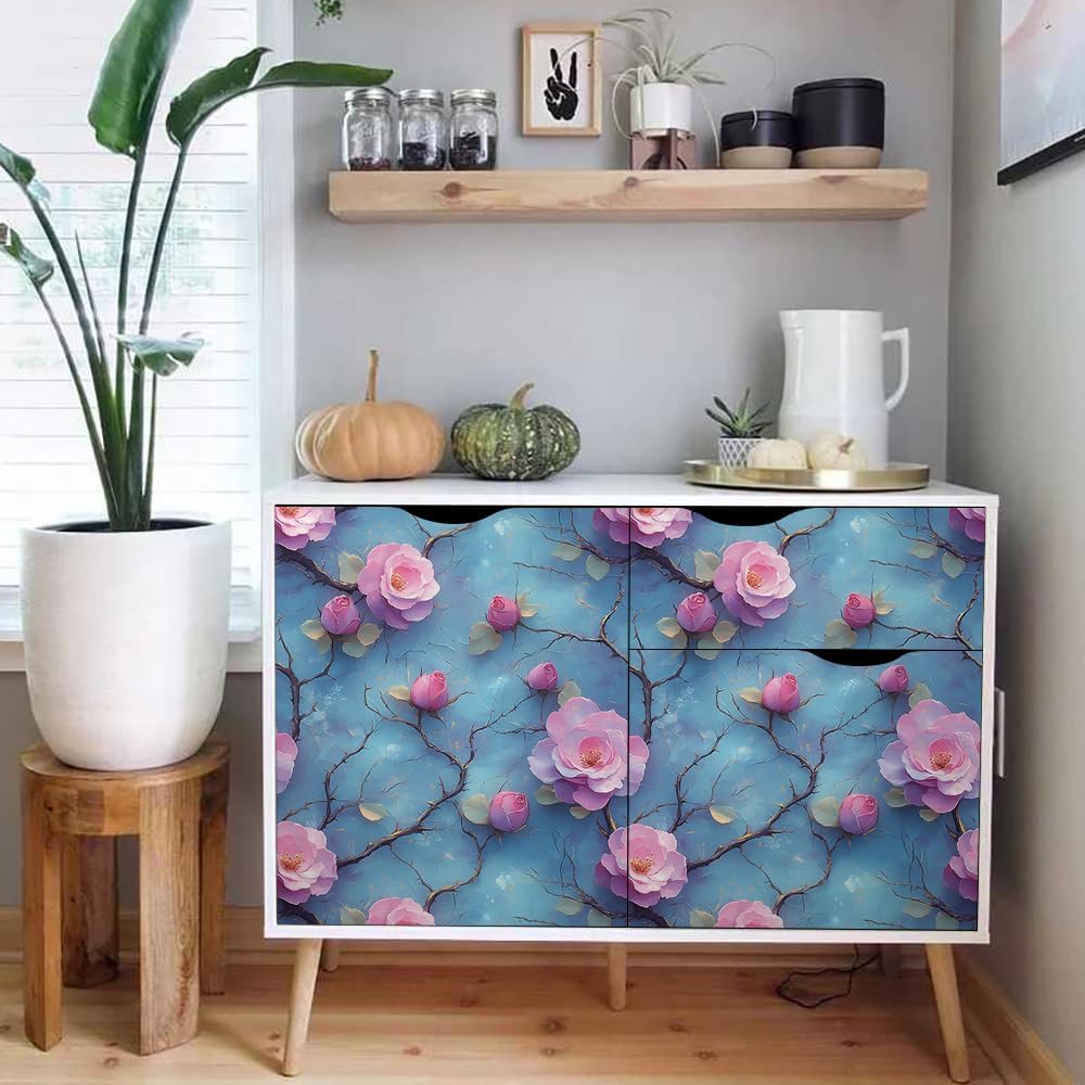 Pink Blue Rose Flowers Vintage Peel and Stick Wallpaper Wall Decor Self Adhesive Wall Paper Stick on Easy Peel Off Contact for Renter Apartment