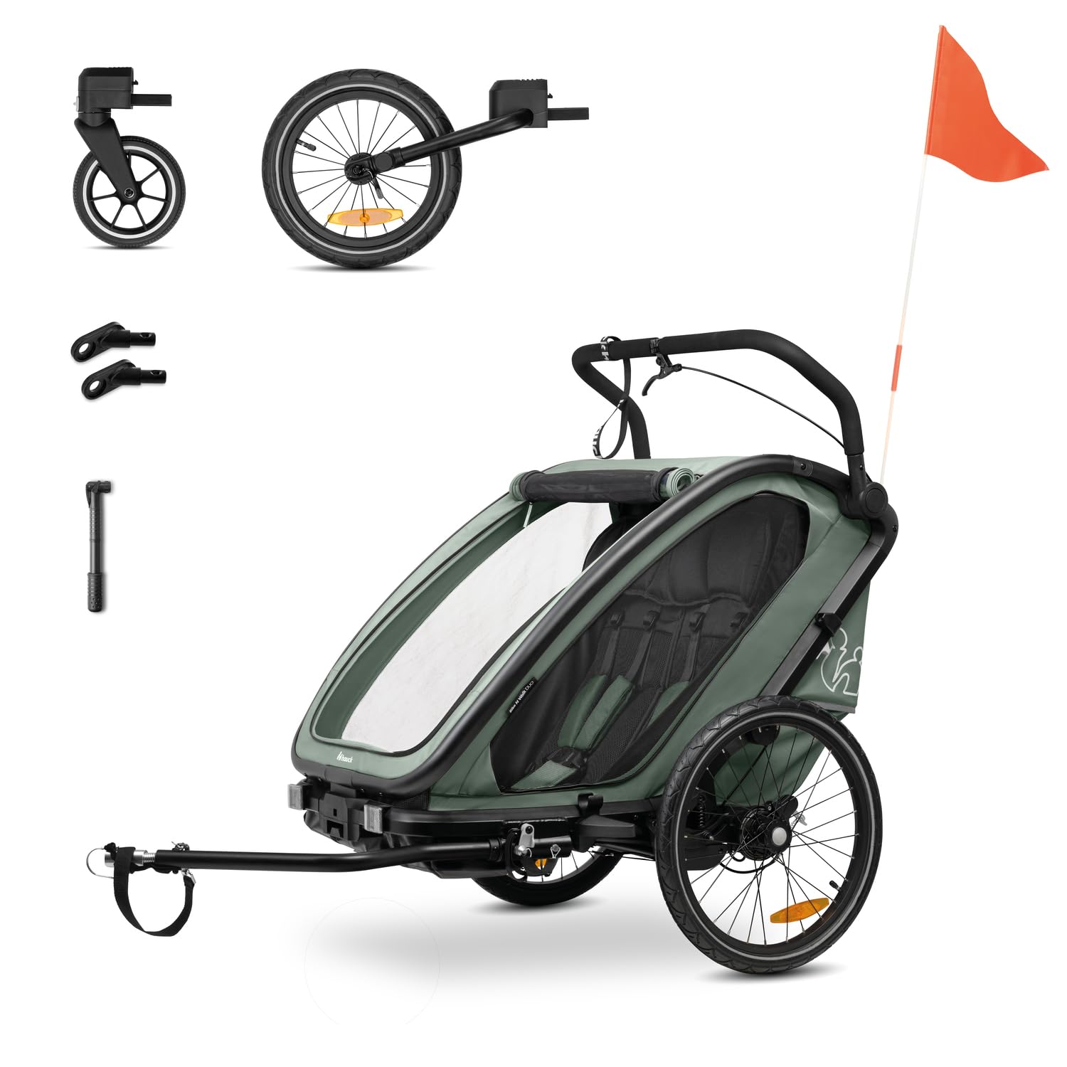 hauck Bike N Walk Duo Set Completo 3 en 1 Remolque Bicicleta 2 Niños - Silla de Paseo Doble Plegable Desde 6 Meses hasta 22 kg o 120 cm - Suspensión - Freno de Mano - Maletero - Verde