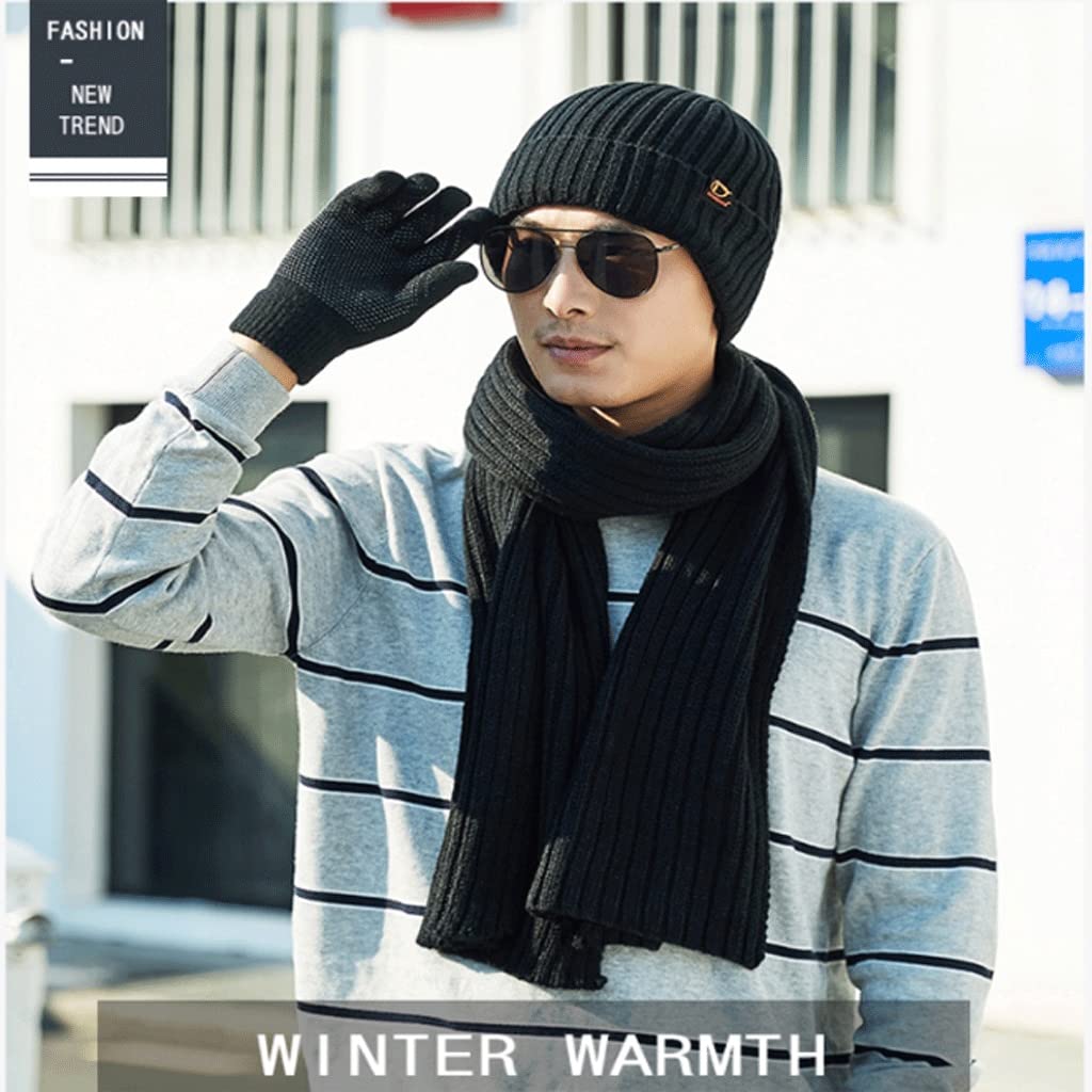 Winter-Strickschal for Männer, Schals Beanie-Hüte und Touch-Screen-Handschuhe-Geschenk-Set, verdicken warme Schal-Set-3-Teile, Feste Farbe (Color : Red)