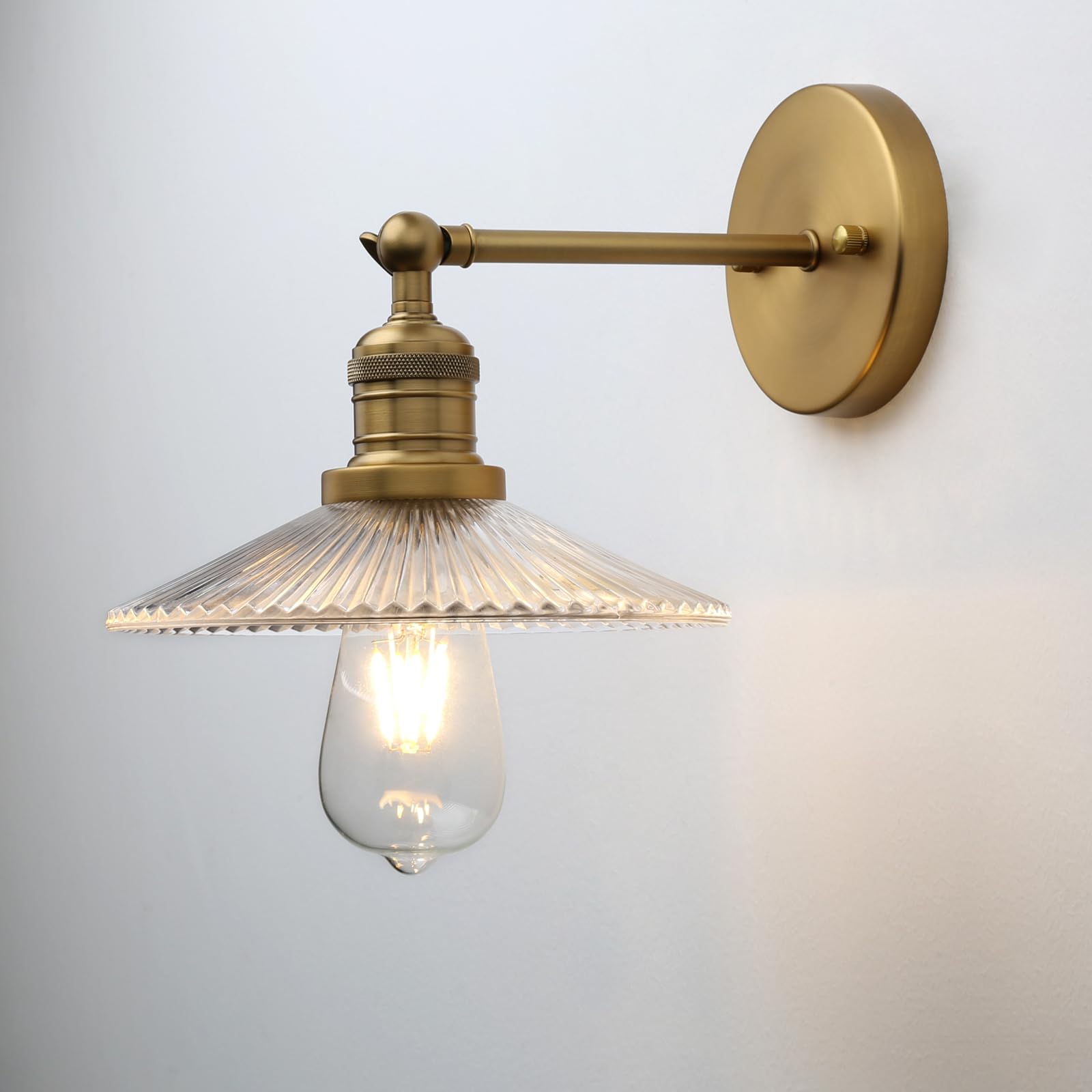 Industrial Vintage 1-Light Wall Light with Funnel Ribbed Clear Glass Shade, Indoor Wall Mounted Lamp for Living Room Bedroom Bathroom Over Kitchen Sink