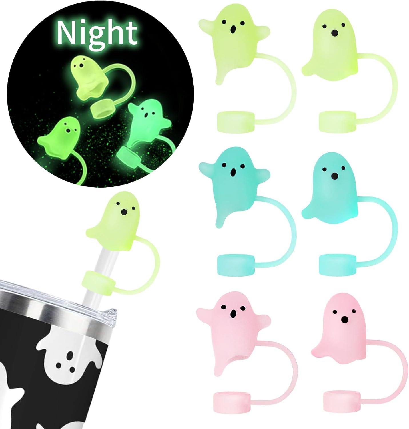 6-Pack Halloween Ghost Silicone Straw Toppers Covers, 10mm/0.4In Luminous Cute Design Straw Cap for Stanley Cup 20&30 & 40 oz Tumblers-Funny Tumbler Accessories for Halloween Decorations & Gifts - Image 10