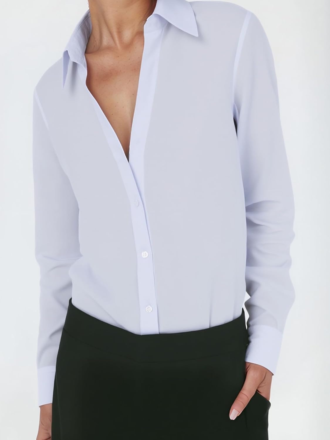Womens White Y Neck Button Down Shirt Long Sleeve Tops Dressy Business Casual Blouse - Image 3