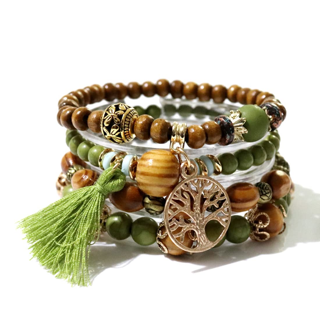 YDYDTTKD Bracciale con Perline Boho, Braccialetto con Nappe con Perline di Legno Multistrato, Set di Gioielli Elastici da Viaggio, Souvenir, Regali di Gioielli in Stile Bohémien (Verde Militare, Set