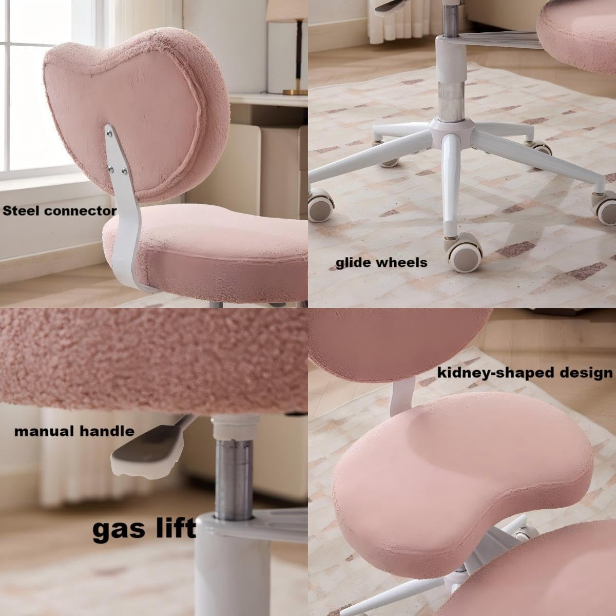 Ergonomic Kneeling Chair with Backrest, Pink Plush Fabric, Rolling Wheels, Adjustable Height, Office Posture Stool,Cross Legged Home Desk Office Chairs for Meditation,Yoga