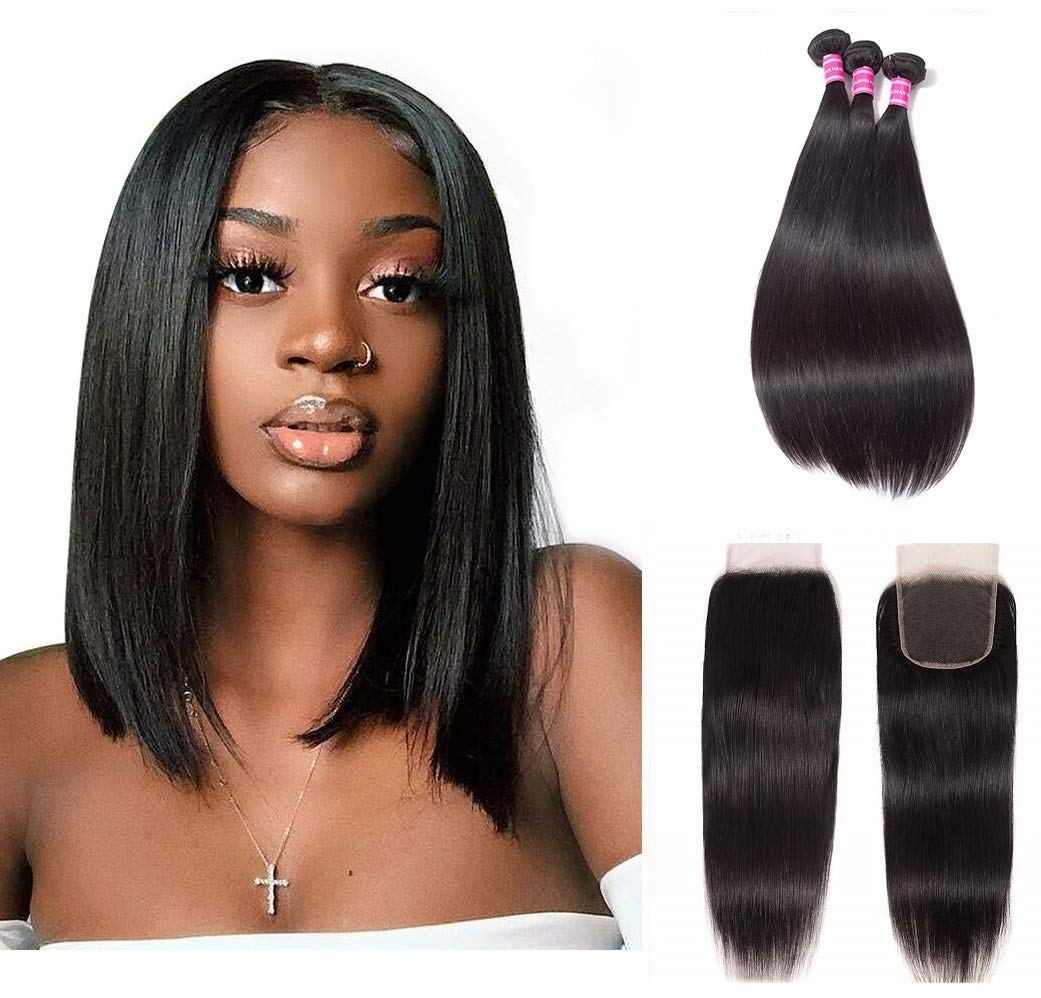 Straight Hair Bundles with Closure Free Part(12 14 16+10closure) Brazilian Straight Human Hair 3 Bundles with Free Part Lace Closure Human Hair Extensions Natural Black