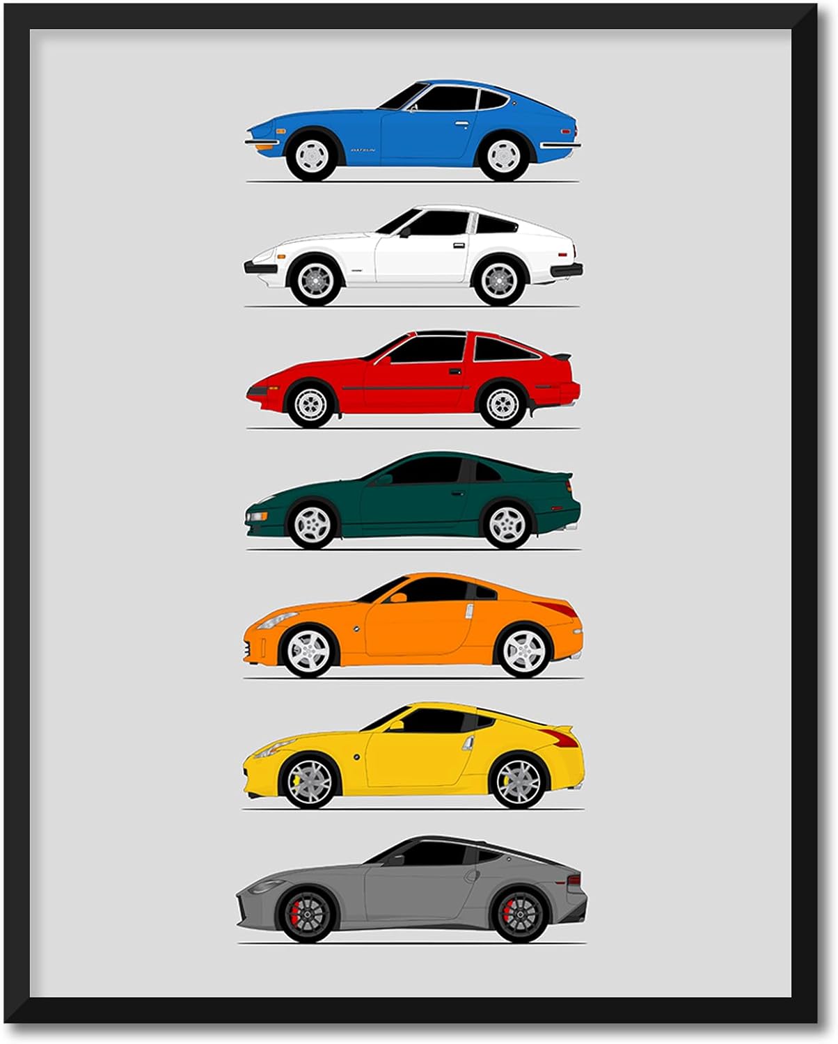 Custom Car Posters Handmade Poster compatible with Nissan Z Car Generations (Side Profile) Print Art Decor the Datsun Fairlady Z (240Z 280ZX 300ZX 350Z 370Z Z) - Multi 8x10 Satin Print (Unframed)