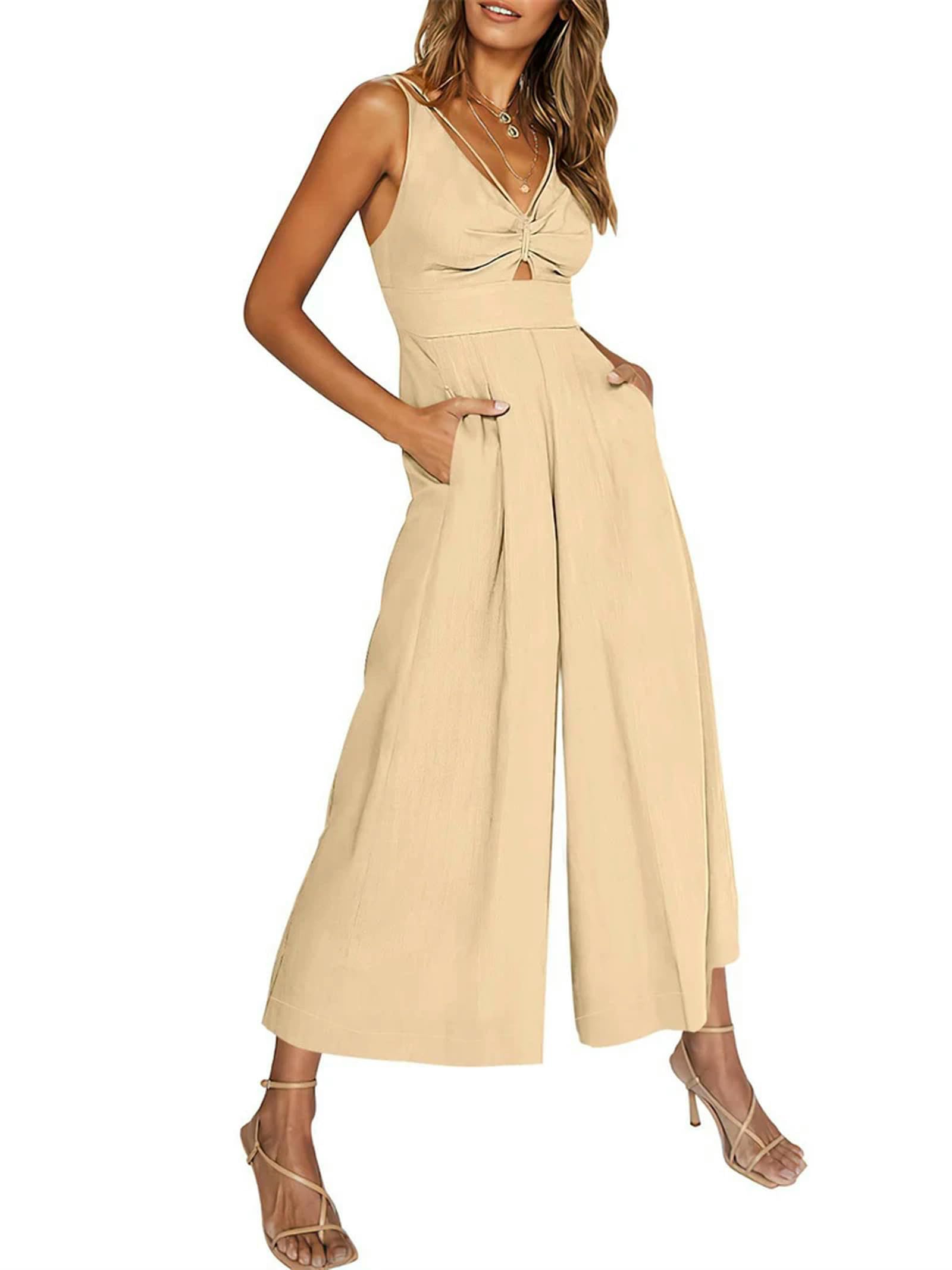 Juketron Mono con pernera ancha para mujer, Sexy, sin espalda, cuello en V, hueco, sin mangas, moda de verano, monos ceñidos lisos con bolsillos, mamelucos ceñidos en la cintura