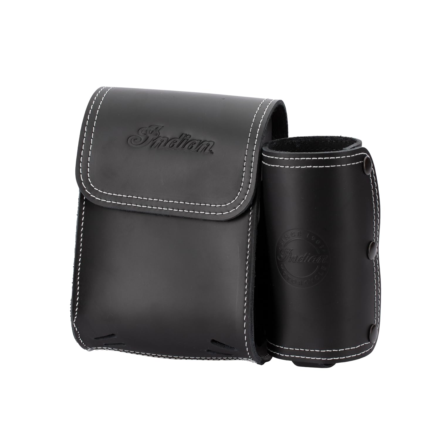 Indian Motorcycle Rear Highway Motorcycle Bar Bag for Specific Bagger, Touring Models, Black Genuine Leather, Includes Water Bottle Holder and One Pouch for Gloves, Maps, Phone and More - 2880297-01