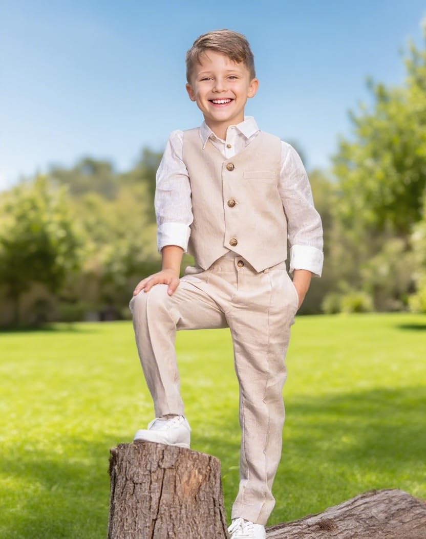Completo da smoking per ragazzi, 2 pezzi, in lino, con pantaloni lunghi, per adolescenti, ragazzi, bambini, matrimoni, estate
