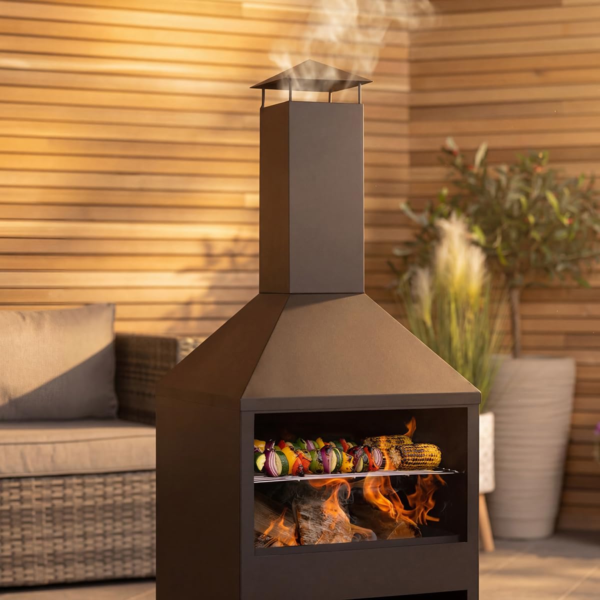 CHARLES BENTLEY Barbecue et cheminée 118cm en Acier Noir, résistant à la Rouille, Design Moderne, brûleur Bois/Charbon, Rangement bûches, avec tisonnier (118x44x44cm)