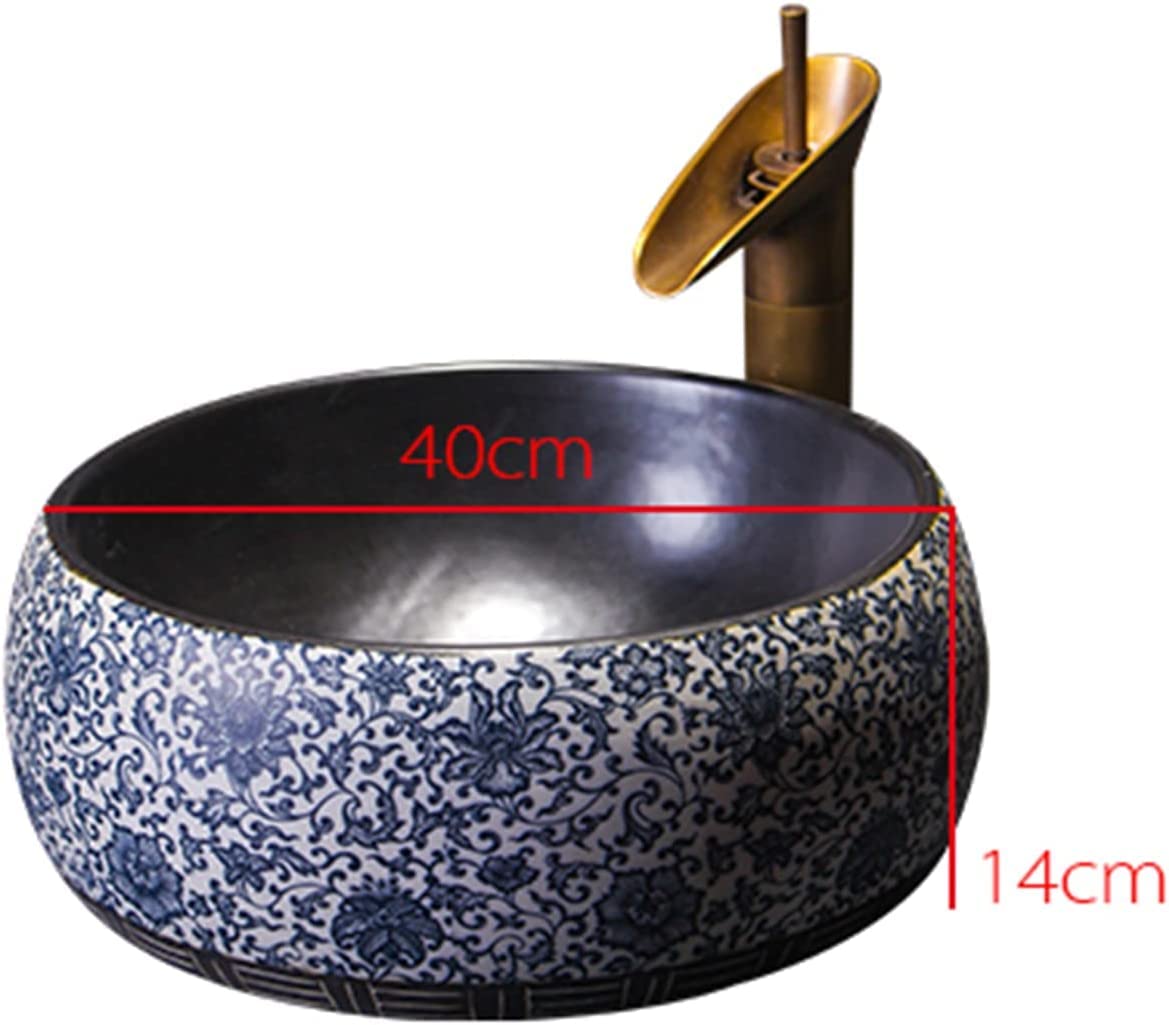 Ceramiczna Umywalka Łazienkowa, Ręcznie Rzeźbiona Umywalka Nablatowa, Ceramiczna Umywalka Łazienkowa Nablatowa Z Kranem I Odpływem, Umywalka W Stylu Industrialnym 40 * 40 * 14,Singlebasin