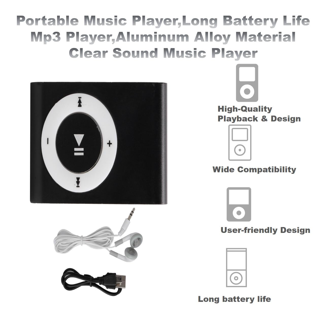 Portable Music Player, Long Battery Life Mp3 Player, Aluminum Alloy Material Clear Sound Music Player, with Earphone and USB Cable (Black)