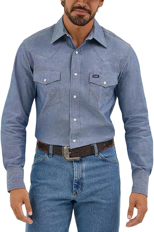 Wrangler Cowboy Cut Western de hombre camisa de trabajo de manga larga con broche de presión acabado lavado