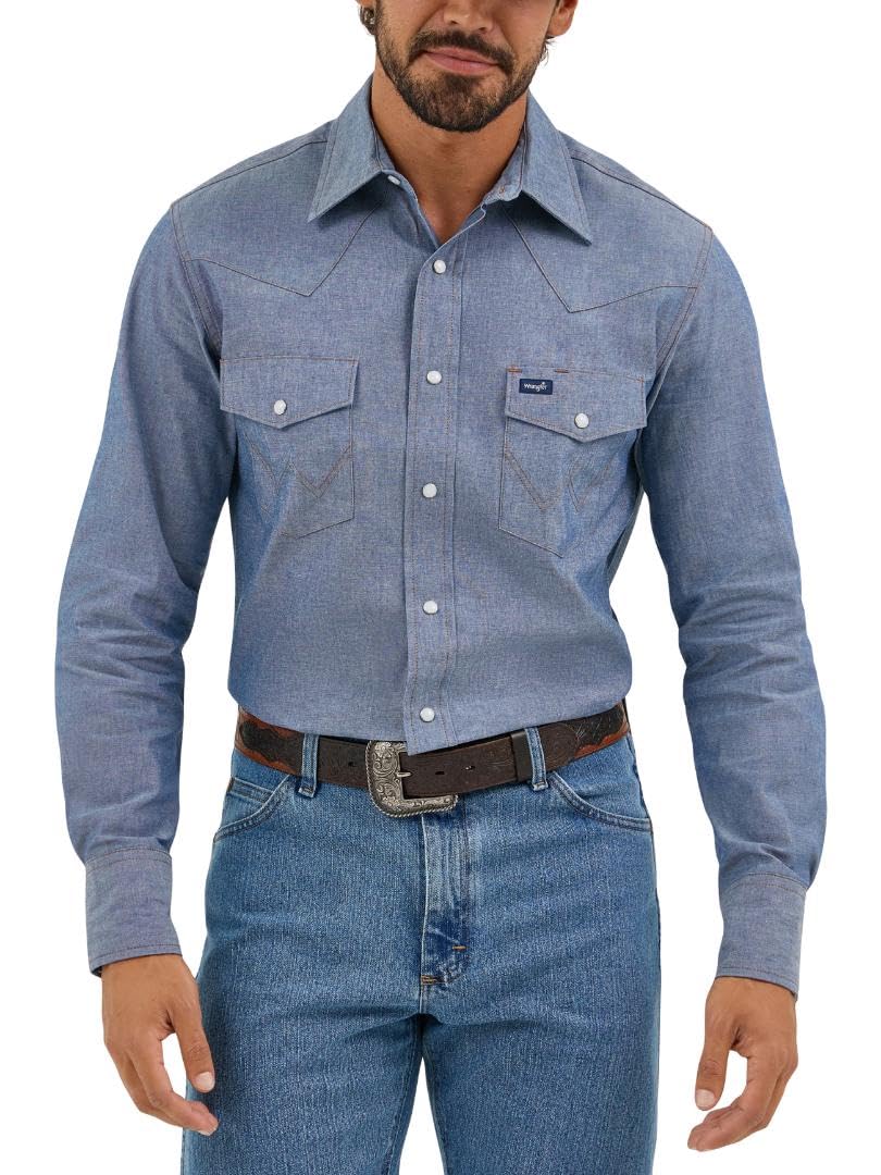 Men's Cowboy Cut Western Long Sleeve Snap Work Shirt Washed Finish, Opaque