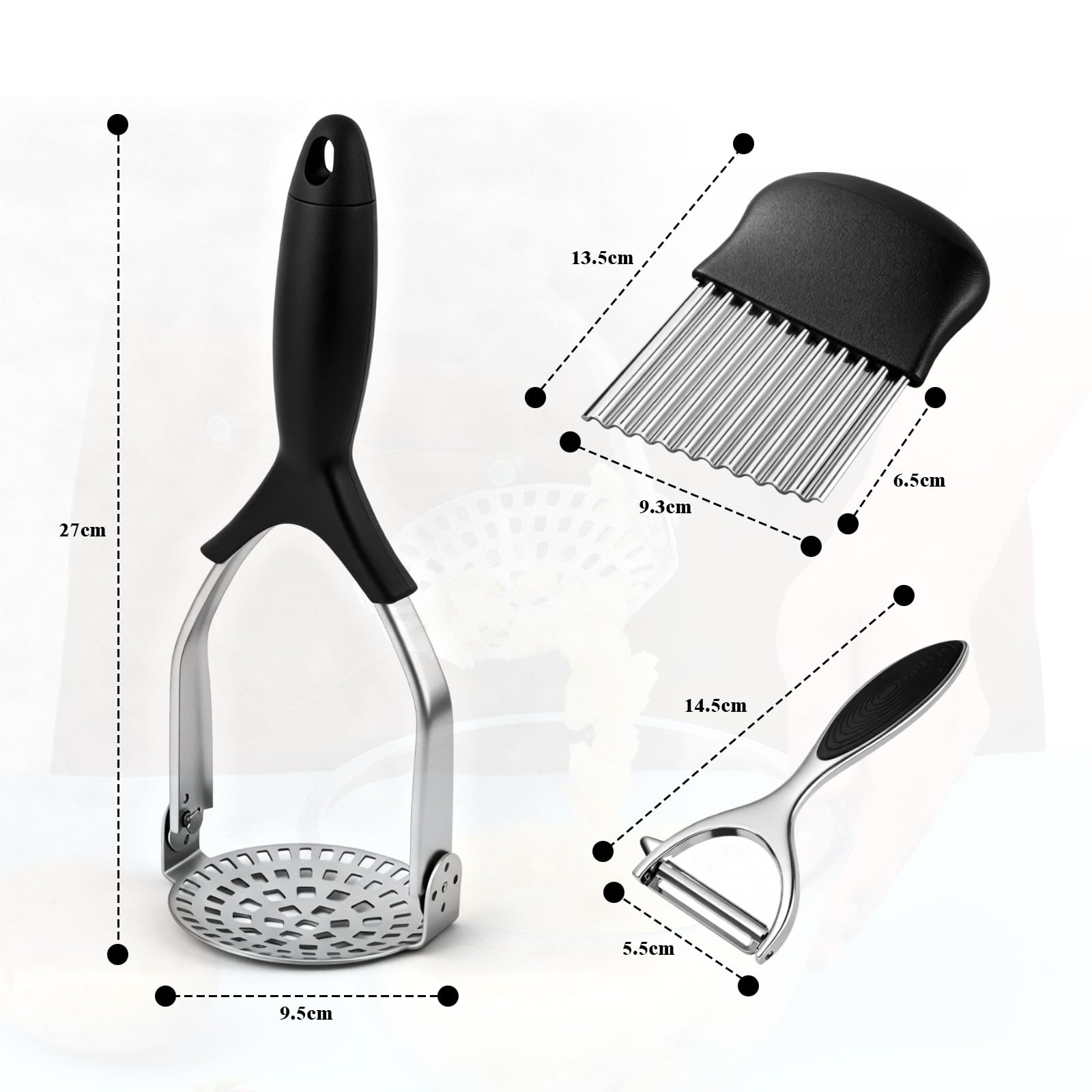 3 Pcs Machacador de Patatas, Acero Inoxidable Aplastador Patatas Cocidas, Manual Pasapures, Pasa Pures Cocina, Potato Masher con Cortador Ondulado para Aguacate, Frijoles, Carne, Verduras