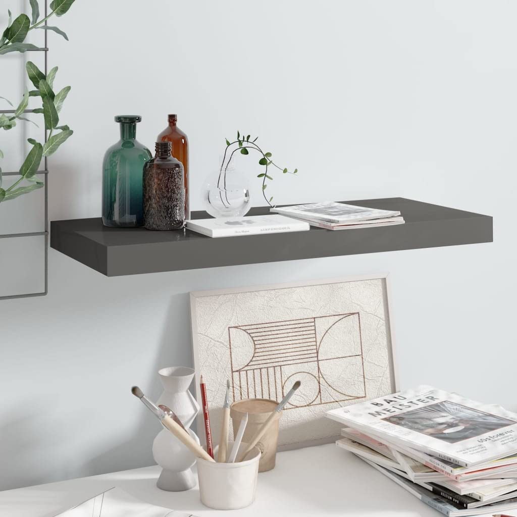 YUANCHUTOP Floating Shelves, Grey Gloss Wall Mounted Shelf with Invisible Brackets Book Plant Display Rack Storage for Bathroom Living Room Bedroom Entryway Hallway, 60cm