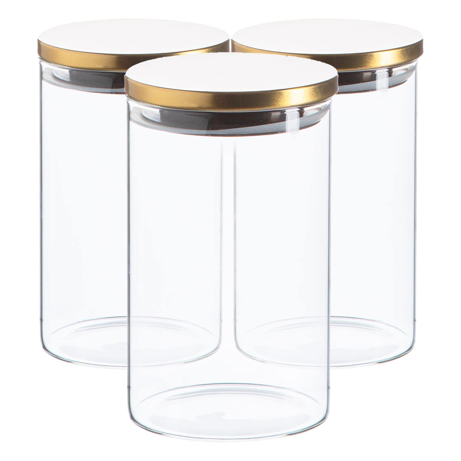 Argon Tableware Gold Scandi Storage Jars With Metallic Lids - 3 Pack - Modern Round Organisation Container Glass Jar For Kitchens, Pantry, Bathrooms, Utility Rooms 1000Ml