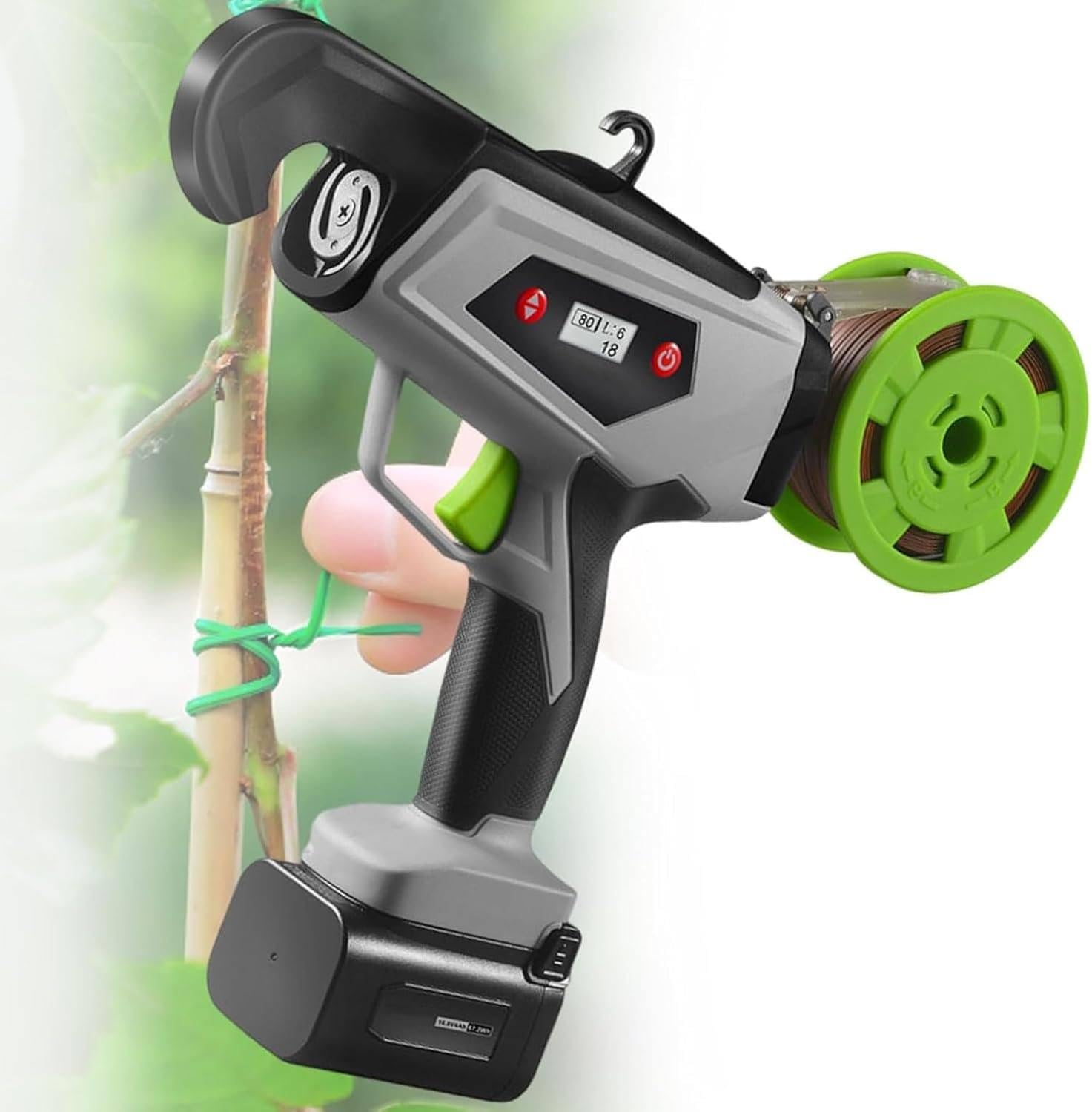Herramienta automática para atar plantas con correas ajustables y pantalla digital para soporte de vid en jardines, ideal para uvas, pepinos, tomates y pimientos