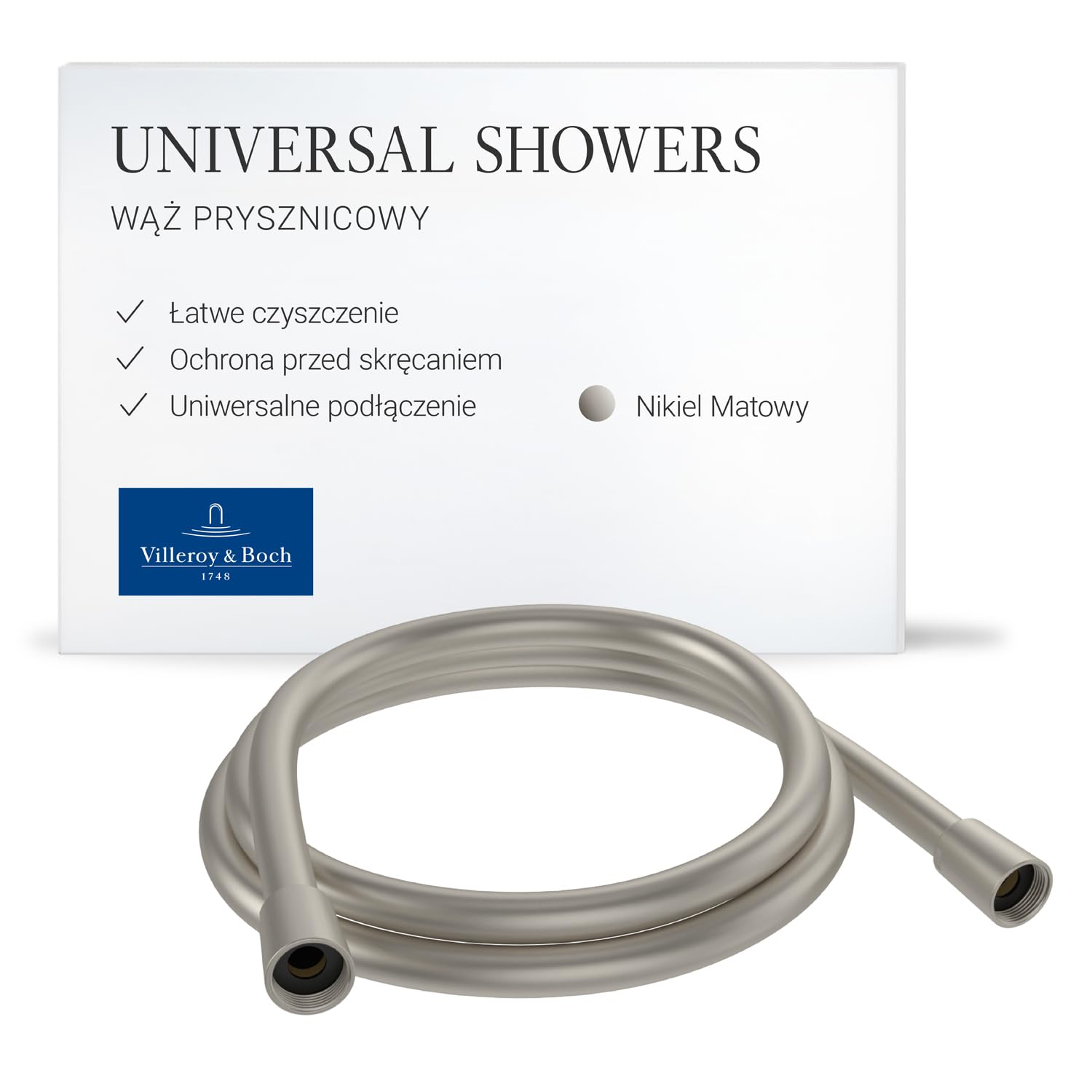 Villeroy & Boch Uniwersalny wąż prysznicowy do prysznica i wanny, odporny na zginanie, 1,60 m, szczotkowany nikiel, matowy
